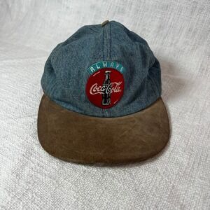 Vtg 90s Coca Cola Hat Denim Suede TwoTone Always Coke Embroidered Patch Snapback